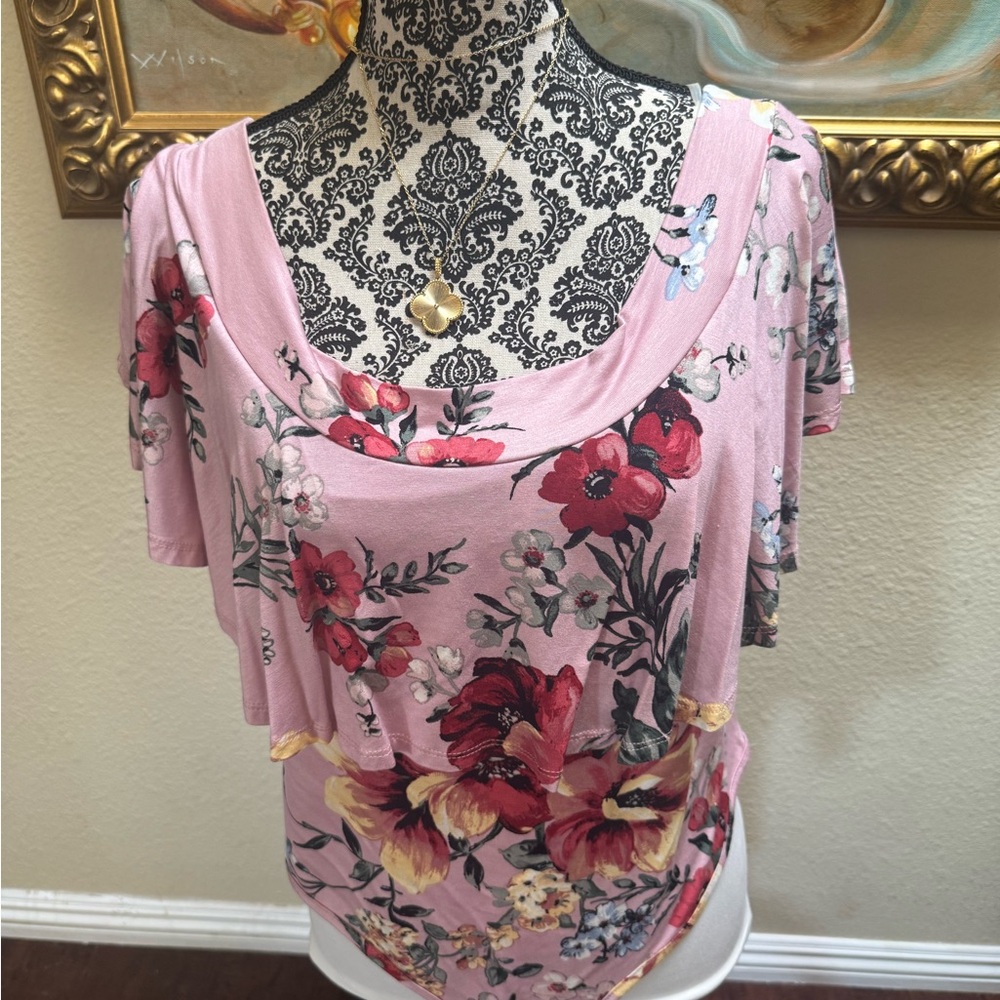 🌸🌺👚 Floral Pink Women's bodysuit Top size XL